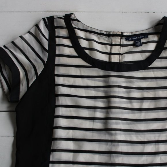 Sheer Black and White Stripe Short Sleeve Blouse - Picture 6 of 6